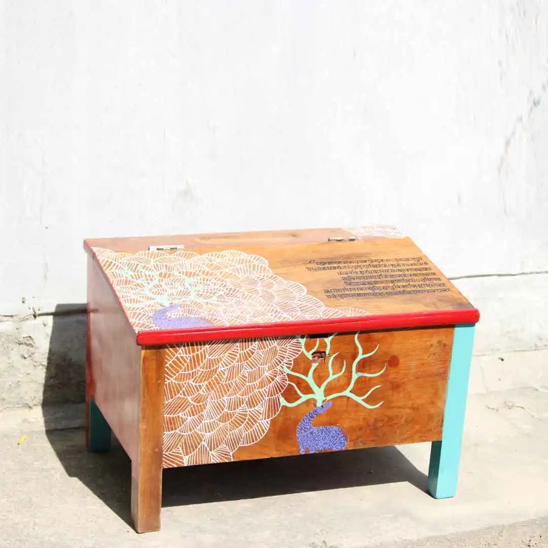 Gond Deer Munshi Desk | Upcycled Furniture | Upcycld Art Upcycld Art Munshi Desk Gond Art 01