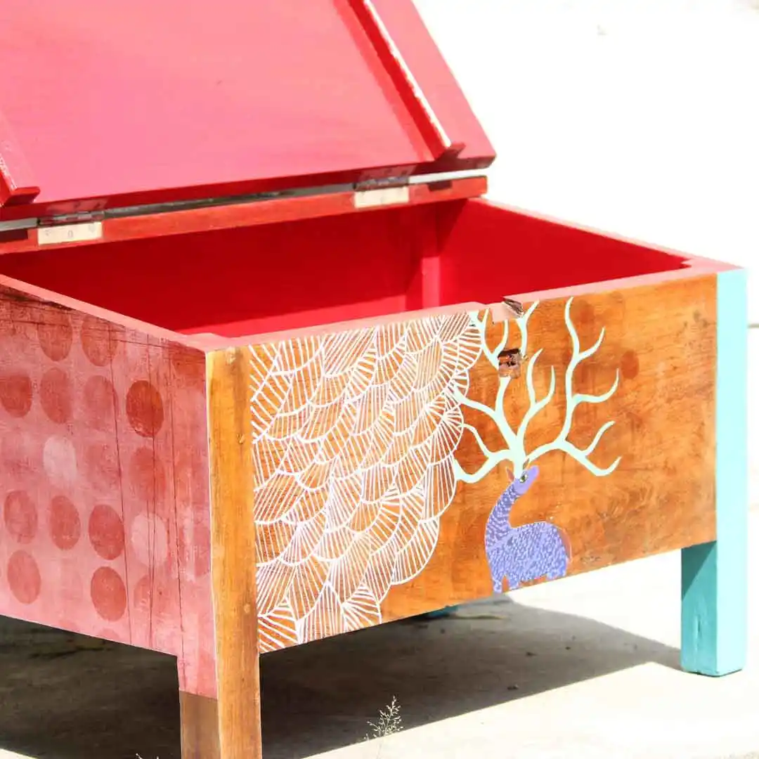 Gond Deer Munshi Desk | Upcycled Furniture | Upcycld Art Upcycld Art Munshi Desk Gond Art 02